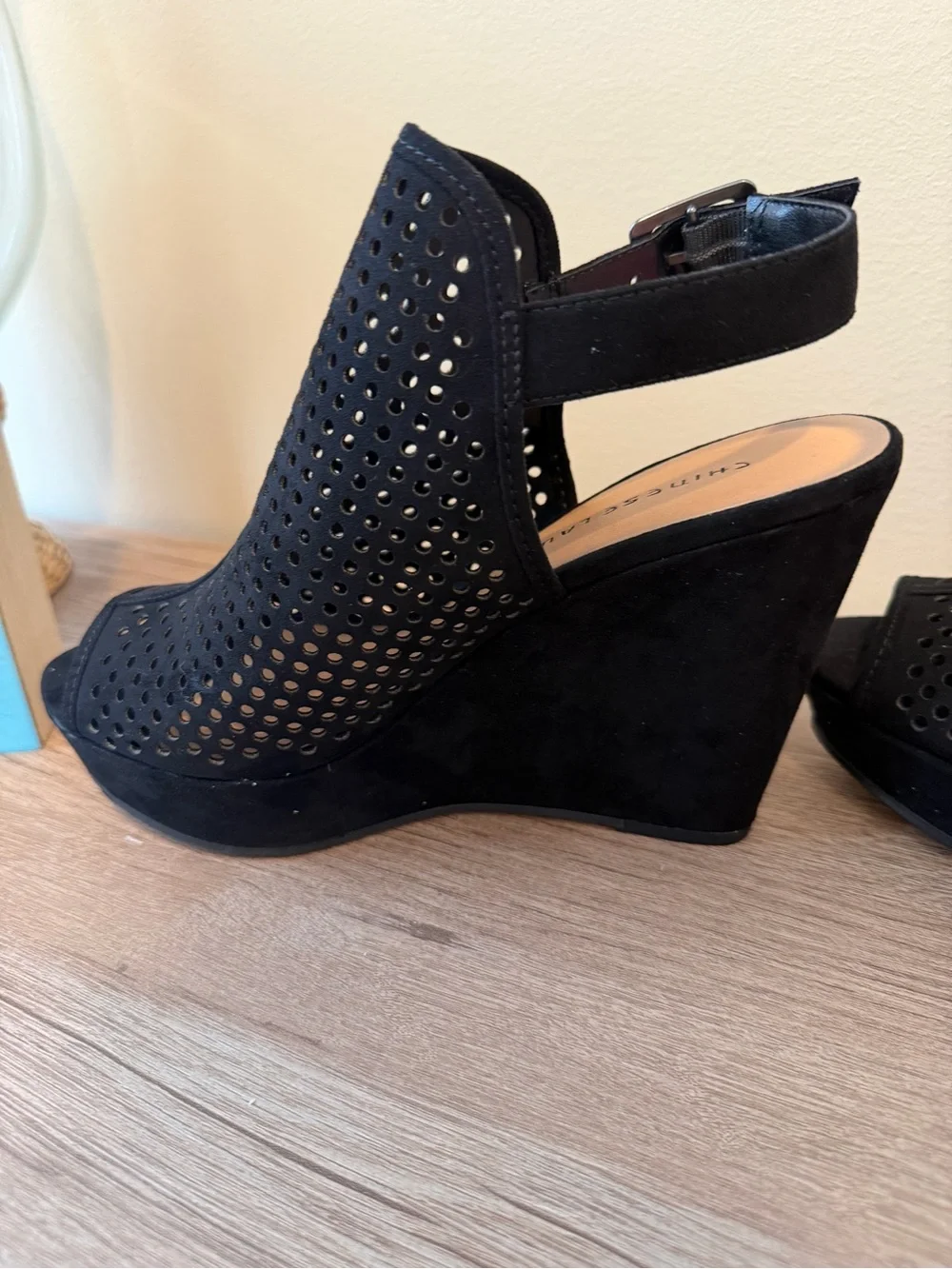Chinese Laundry Z-Iris Micro Suede Black Perforated Wedge Sandals - Women